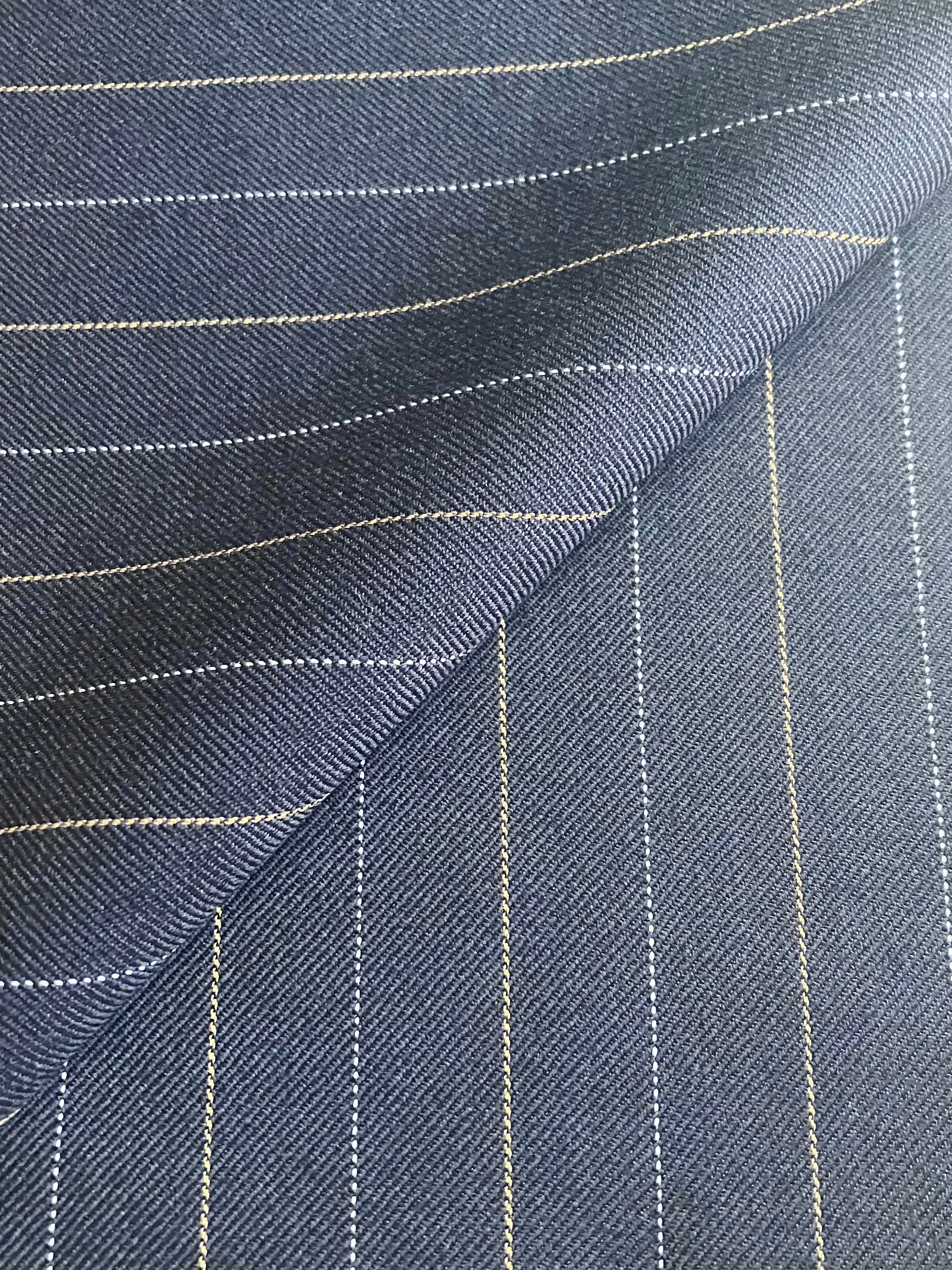 PFS013 - 100% Superfine Wool Pinstripe Suiting - Navy/White/Gold (3.4m)