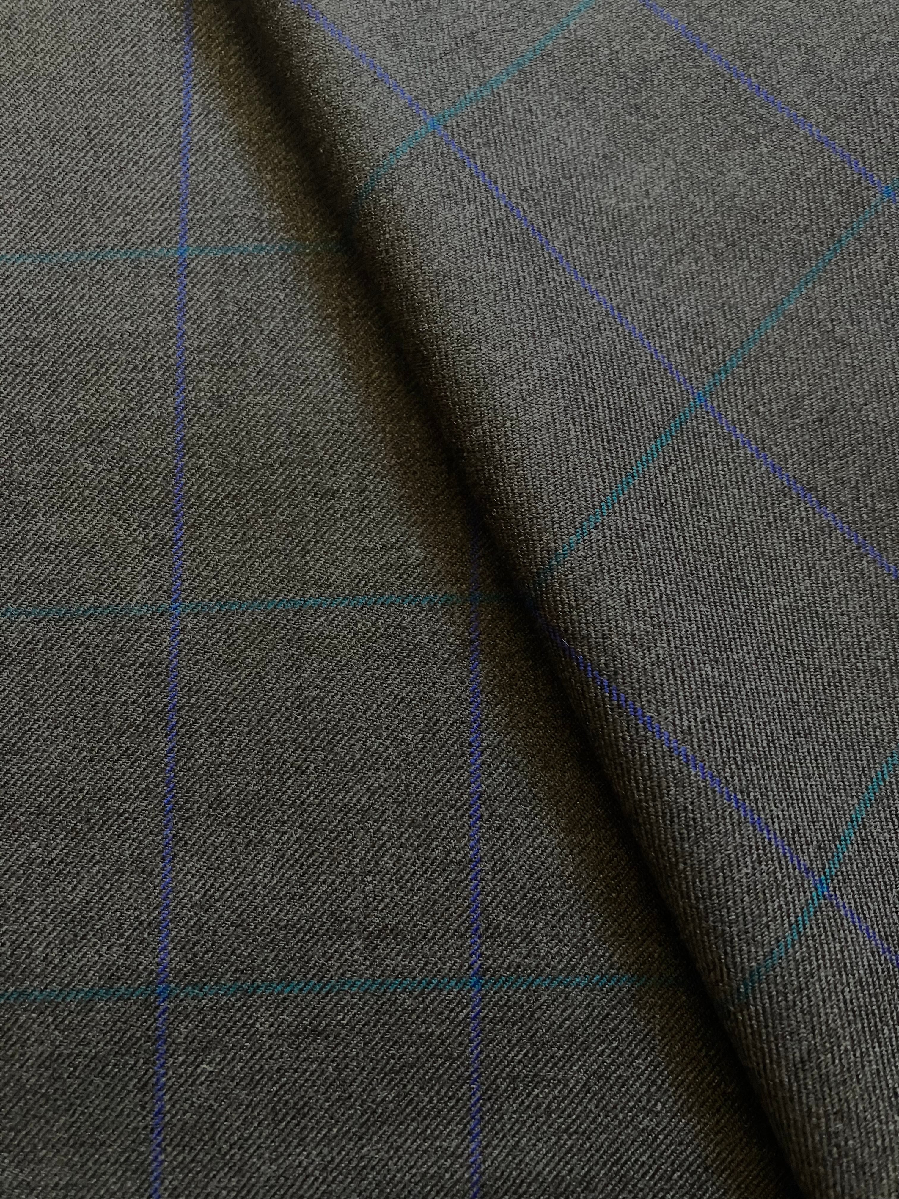 PFS072 - All Wool Suiting - Charcoal with Navy/Teal Check (3.5mts)